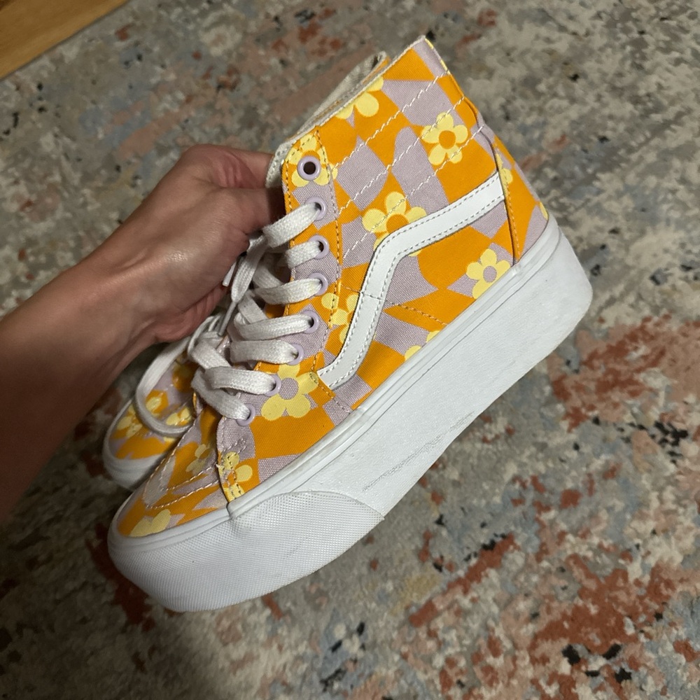 Vans Women's Orange and Yellow Floral Checkered Sneakers